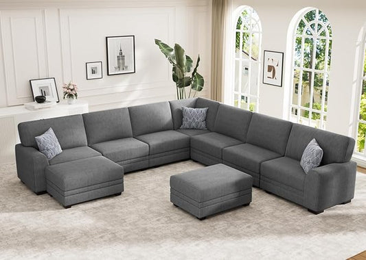 Wanderwell Oversized Modular Sectional Sofa, 9-Seater U Shaped Couches with Movable Ottoman,Corduroy Sectional Couch with Wide and Deep Seats Suitable for Living Room,Bedroom,Apartment (Grey, U-9)
