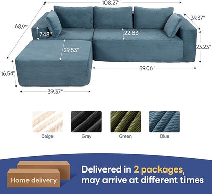 2025 New 108" Cloud Couch Sectional, Modular Sectional Sofa with L-Shaped Chaise, Deep Seat Sectional Modular Couch for Living Room, No Assembly Required (Blue, Chaise Ottoman)