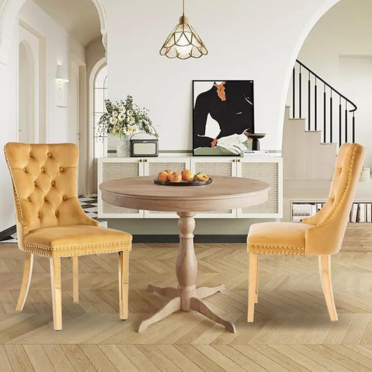 Velvet Upholstered Dining Chairs Set of 2, Modern Style Kitchen Side Chairs with Nailhead Trim and Gold Plated Leg, Metal Pulling Ring for Dining Room Living Room(Gold-Gold Plated Leg)