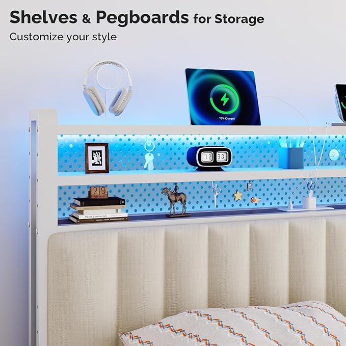 VINGLI King Size Headboard Only, Adjustable Upholstered Headboard with 3 Tier Shelves and Pegboard with Charging Stations and LED Lights, Modern Bed Headboard with Storage for Bedroom Decor