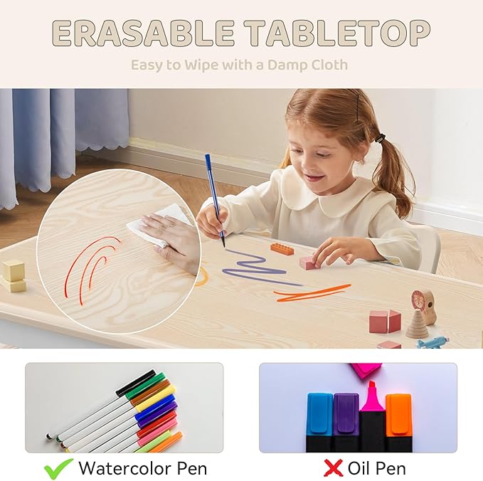 Kids Table and 2 Chairs Set, Height-Adjustable Toddler Table and Chairs Set with Graffiti Desktop, 23.6''L x 23.6''W Children Activity Table for Daycare, Classroom, Home, Burlywood-w