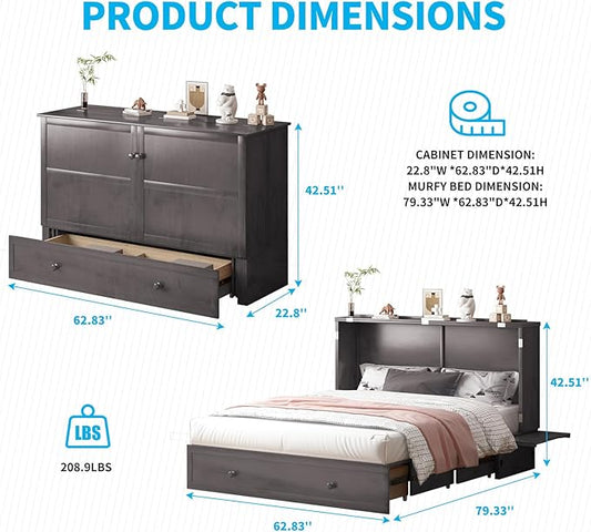 Mjkone Queen Murphy Bed Cabinet, Cabinet Bed with Built-in Charging Station, Storage Drawer, Solid Wood Cabinets Bed with Tri-fold Mattress, Cube Murphy Chest Beds for Guest Room, Home, Office, Grey