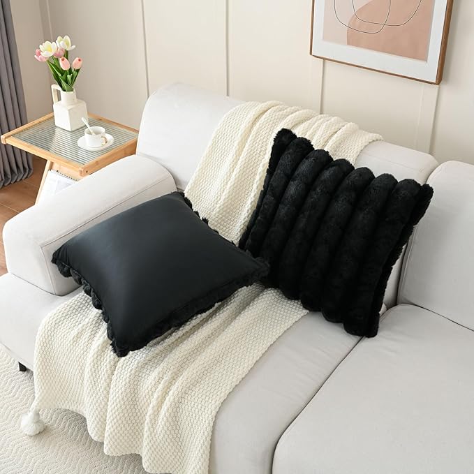 FUTEI Black Decorative Throw Pillow Covers 18x18 Inch Set of 2, Square Soft Faux Rabbit Fur Thick Plaid Cushion Cover,Winter Home Decor for Couch Bed Living Room