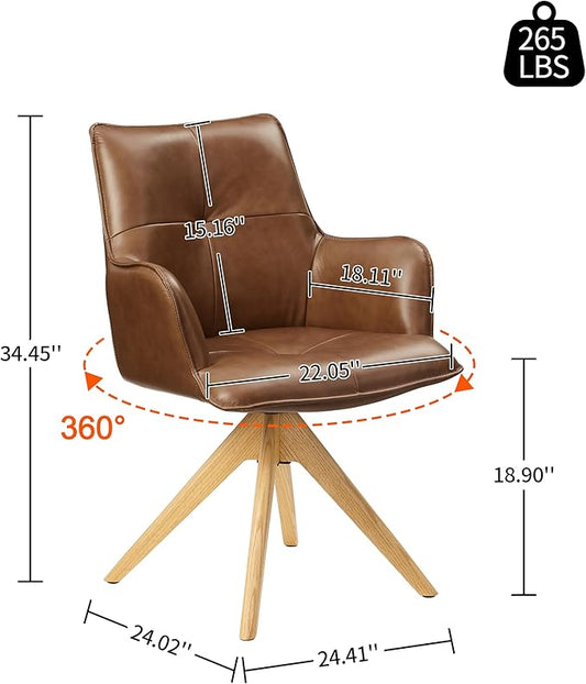 Art Leon Mid Century Swivel Chair - Genuine Leather Upholstered Desk Chair No Wheels, Accent Armchair with Oak Wood Legs for Small Space Living Room Bedroom, Set of 2, Brown