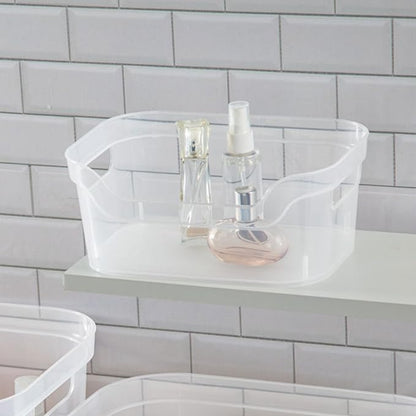 Sterilite 9.5 x 6.5 x 4 Inch Small Open Scoop Front Clear Storage Bin with Comfortable Carry Through Handles for Household Organization (16 Pack)