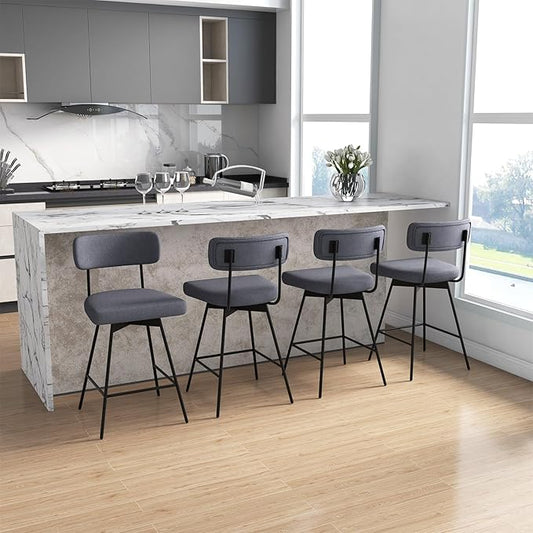 COSTWAY Bar Stools Set of 2, 25” Upholstered Counter Height Bar Stools with Back, 360° Swivel Dining Chairs with Heavy-Duty Metal Legs and Footrests, for Kitchen Island, Dining Room, Bar (2, Grey)