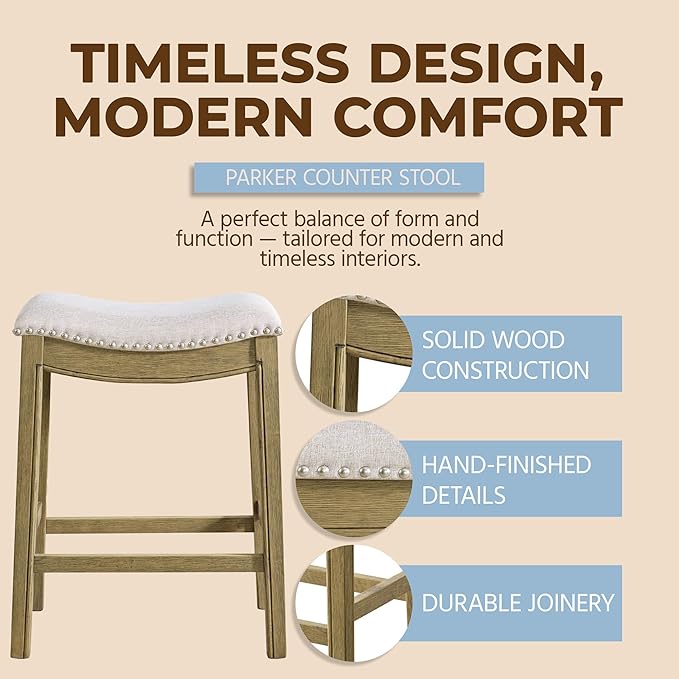 ROME + OAK Set of 2 Parker 26" Counter Stool, Backless Saddle Kitchen Barstool in Natural Wood Finish with Wheat Cream Fabric Upholstery Cushion Seat