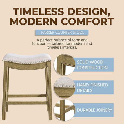 ROME + OAK Parker 26 Inch Counter Stool, Backless Saddle Kitchen Barstool in Natural Wood Finish with Wheat Cream Fabric Upholstery Cushion Seat