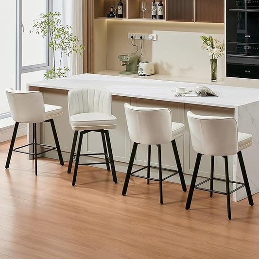 Swivel Counter Height Bar Stools Set of 4, 26'' Modern Barstools with Backs and Metal Legs, Upholstered Bar Chairs, Faux Leather White Stools for Kitchen Island Chairs