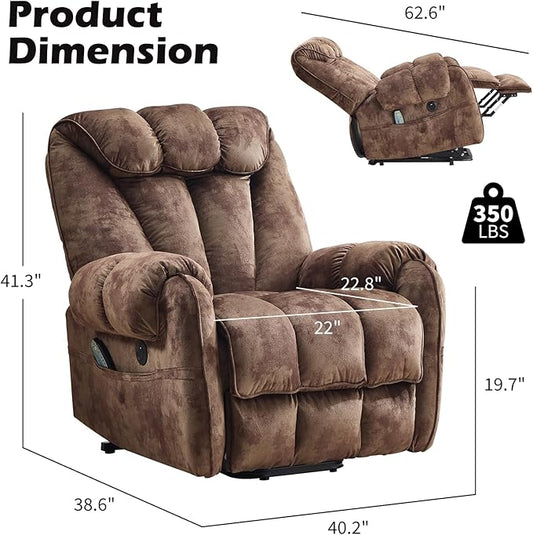 CANMOV Power Lift Recliner Chair for Elderly with Massage & Heat, Overstuffed Recliner Chairs for Adults, Electric Recliners with Type-C & USB Port, Side Pockets, for Living Room, Brown