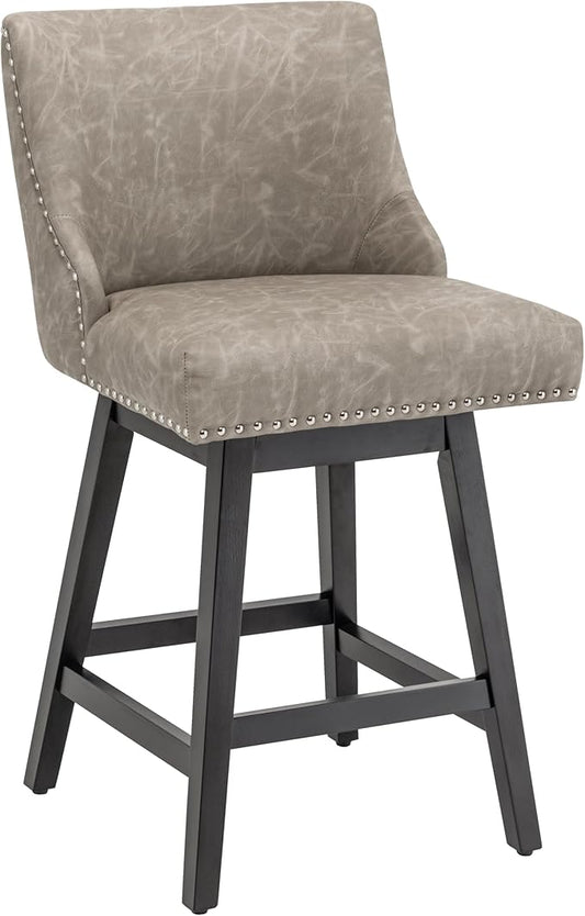 Bar Stool, PU Leather Barstool, 26 Inch Upholstered Counter Stools with 13.8" High Back and Footrest, Swivel Counter Height Barstools for Kitchen Island Home Bar Greige