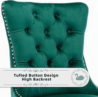 Velvet Upholstered Dining Chairs Set of 4, Modern Style Kitchen Side Chairs with Nailhead Trim and Wood Legs,Metal Pulling Ring for Dining Room Living Room(Green)