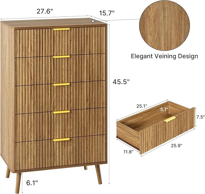 LYNSOM Fluted Dresser and Nightstand Sets 4 Piece, 1-Drawer Nightstands and 5/6 Drawers Dresser, Wood Bedroom Furniture Set for Home, Bedroom, Hallway, Natural Oak