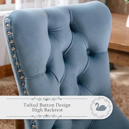 Velvet Upholstered Dining Chairs Set of 4, Modern Style Kitchen Side Chairs with Nailhead Trim and Wood Legs,Metal Pulling Ring for Dining Room Living Room(Sky Blue,Set of 4)
