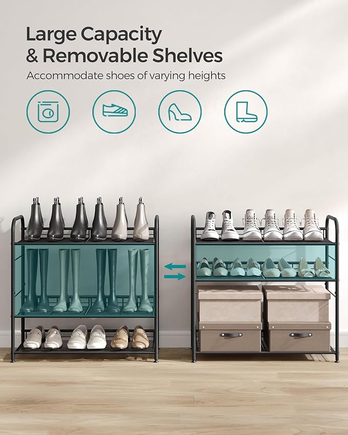 SONGMICS Stackable Shoe Rack, 4 Tier Metal Shoes Rack Storage Shelf, Holds up to 20 Pairs Shoes, Adjustable Slanted Shelves Shoe Tower Organizer for Closet Entryway Small Spaces, Black