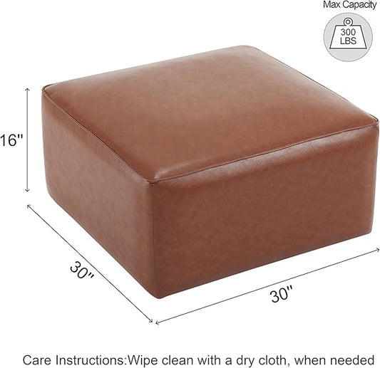 Christopher Knight Home Faux Leather Ottoman Footstool, Square Pouf Poufee Footrest Ottoman Large Seat, Modern Side Table for Living Room Bedroom Home Decor Gifts, Light Brown 30"