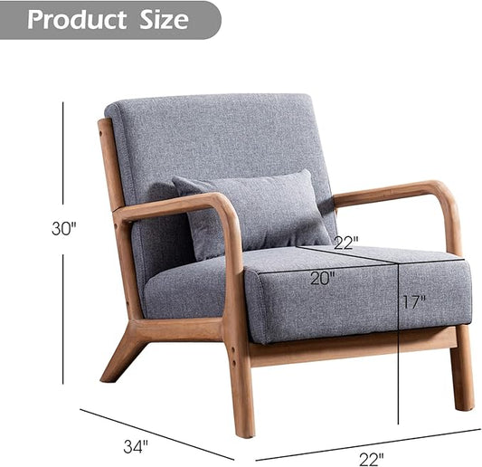 Accent Chair Mid Century Modern Chair Linen Fabric Living Room Chairs with Solid Wood Frame Comfy Upholstered and Lumbar Pillow Reading Side Chairs Easy Assembly for Bedroom (2, Grey)