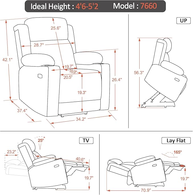 MCombo Small Triple Motor Power Lift Recliner Chair with Massage and Heat for Petite Elderly People, Adjustable Headrest, Infinite Position, USB Ports, Fabric 7664 (Grey, Small)