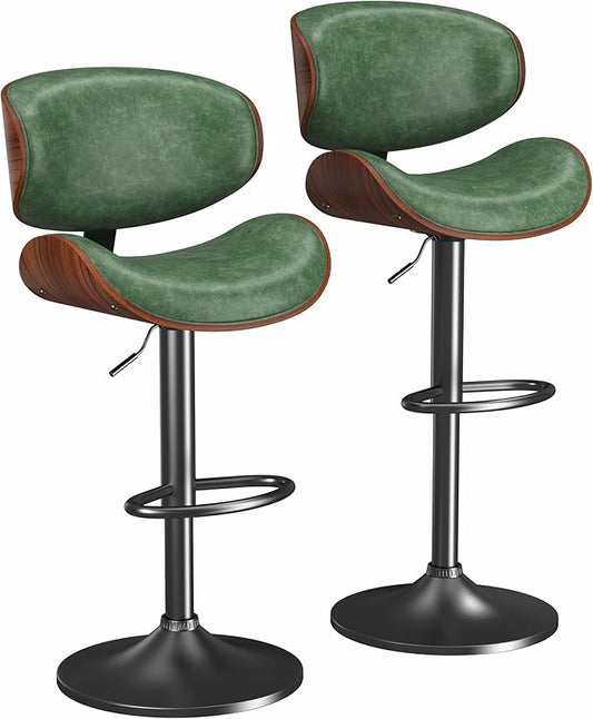 Bar Stools Set of 2, Bar Stools for Kitchen Island with Bentwood Back and Leather Seat, Green
