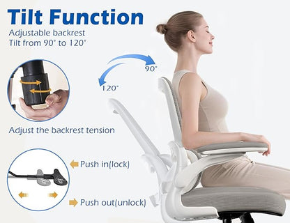 TRALT Ergonomic Office Chair - Desk Chair with Adjustable Lumbar Support Computer Chair - Mesh Comfy Chair with Flip-up Armrests - Gaming Chairs for Adults Home Office (Leather, Grey)
