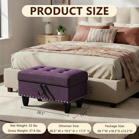 Linen Fabric Storage Ottoman with Nailhead Trim, 28.5"X19.5"X17.5" Footrest Stool, Hidden Storage Foot Stool for Living Room, Bedroom Furniture, Purple Amaranth Leaves