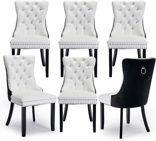 Leather Upholstered Dining Chairs Set of 6, Modern Style Kitchen Side Chairs with Nailhead Trim and Wood Leg, Metal Pulling Ring for Dining Room Living Room(Black&White,Set of 6)