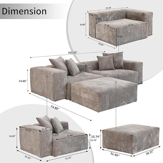 WJShome Cloud Couch Modular Sectional Sofa,102inch L Shaped Sofa with Ottoman,Brown 3 Seater Corduroy Couch,Convertible Sectional Sofa for Living Room,Cushion Covers Removable& Washable