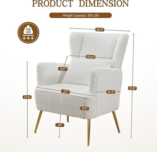 Living Room Chairs Corduroy Accent Armchair with Lumbar Pillow & Gold Leg, 8.5" Thick Cushion, Mid Century Modern High Wingback Bedroom Chairs Upholstered Comfy Sofa Arm Chair, White