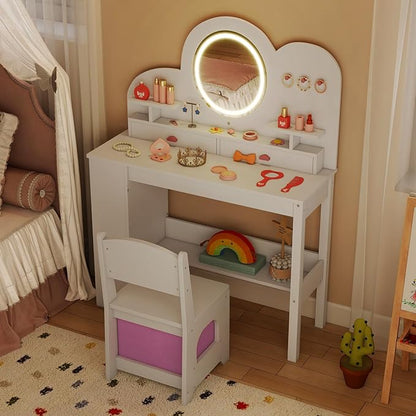 HONEY JOY Kids Vanity with Lights and Open Bookshelf, Cloud Princess Makeup Dressing Desk, Drawers, Wooden Pretend Play Toddler Vanity Table & Chair Set with Lighted Mirror for Little Girls (White)