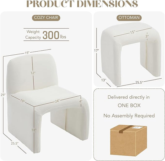 Accent Reading Chair with Ottoman, Chenille Upholstered Comfy Armless Accent Chair with Footrest Modern Side Lounger for Living Room Bedroom, White