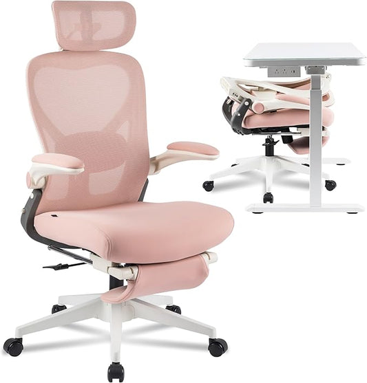 FLEXISPOT Foldex Ergonomic Office Chair, Folding Chair for Small Spaces with Lumbar Support, Flip-up Armrests, 3D Headrest, Desk Chairs with Footrest for Work,Video Game,Gift (Foam Seat, Pink)