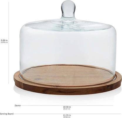 Libbey Acacia Wood Cake Stand with Dome Lid, Ball Top Handle Cake Holder with Lid, Covered Cake Stand, Durable Glass Dome Cover