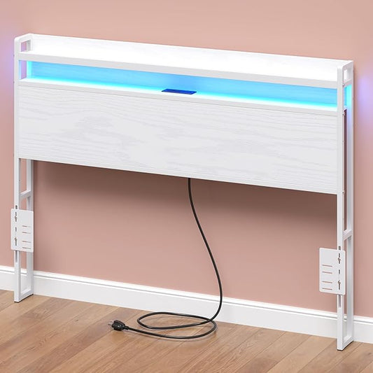 Elephance Headboard for Full Size Bed Frame with 2 Tier Storage, with Outlets, USB and Type C Ports and LED Light, Height Adjustable, Platform Bed Headboard Only, Easy Assembly, White