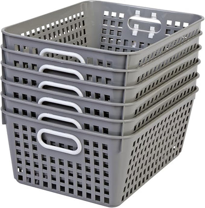 Really Good Stuff - 160016PE Multi-Purpose Plastic Storage Baskets for Classroom or Home Use - Stackable Mesh Plastic Baskets with Grip Handles 13" x 10" (Pebble - Set of 12)
