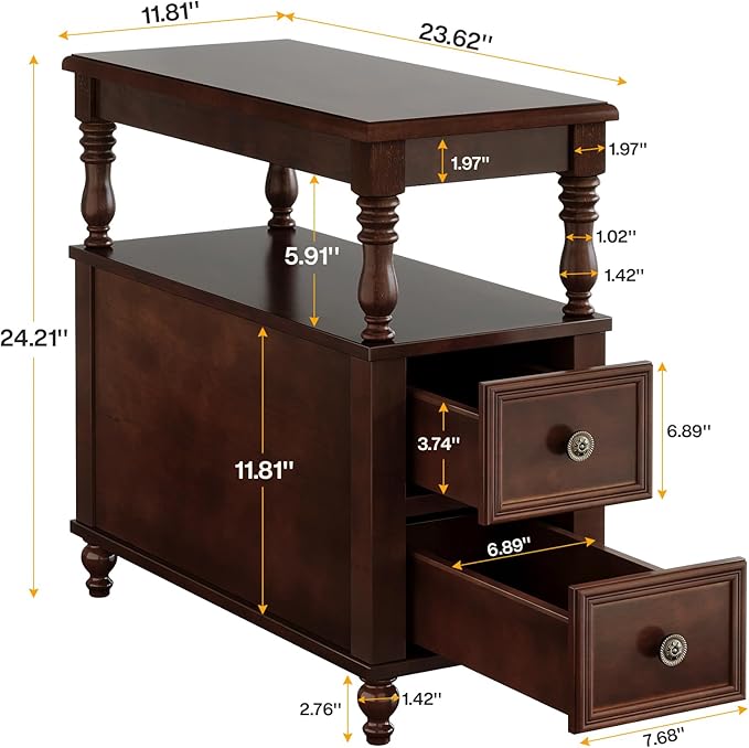 Tribesigns Set of 2 End Table with 2 Drawers, Vintage Narrow Wooden Side Table for Living Room, Charrowair Table with Storage Shelf, Minimal Assembly Needed (2)
