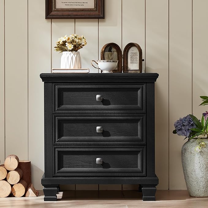 Farmhouse Nightstand Set of 2, Rustic Couch End Table with 3 Drawers & 4 Square Solid Wood Legs, Vintage Bed Side Table with Storage, Small Dresser for Bedroom, Living Room, Black