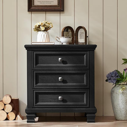 Farmhouse Nightstand with 3 Drawers, Rustic Couch End Table with 4 Square Solid Wood Legs, Mid-Century Modern Bed Side Table with Storage, Small Dresser for Bedroom, Living Room, Black