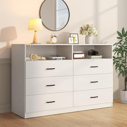 Bigbiglife 6 Drawers Dresser for Bedroom with Open Storage Cubby, Double Wide Dresser Organizer for Bedroom, Living Room, Entryway, Hallway (White)