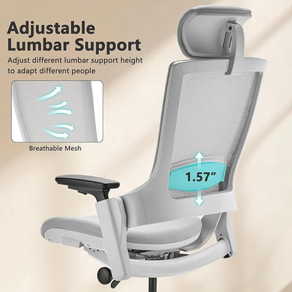 CLATINA Ergonomic High Swivel Executive Chair with Adjustable Height Head 3D Arm Rest Lumbar Support and Upholstered Back for Home Office Gray Mesh 2 Pack