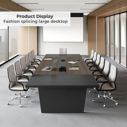 Modern Conference Table with Cable Management, Thickened Top & Trapezoidal Legs – Office Meeting Table for Executive Workspaces (Oak+Gray, 118" L