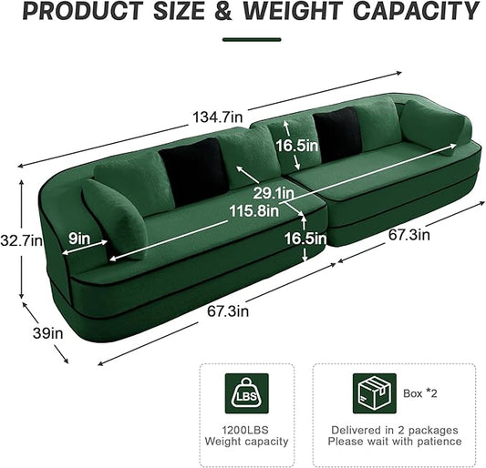 Cloud Sectional Sofa Modern Boneless Couch for Living Room, Comfy Deep Seat Comfy Teddy Fabric Double Sofa Chaise No Assembly Required (Green, 77.2" Double Chaise Lounge)