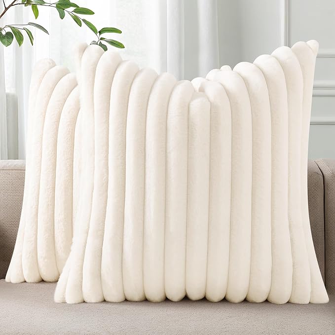 Pallene Faux Fur Plush Christmas Throw Pillow Covers 22x22 Set of 2, Luxury Soft Fluffy Striped Decorative Pillow Covers for Sofa, Couch, Living Room, Cream White