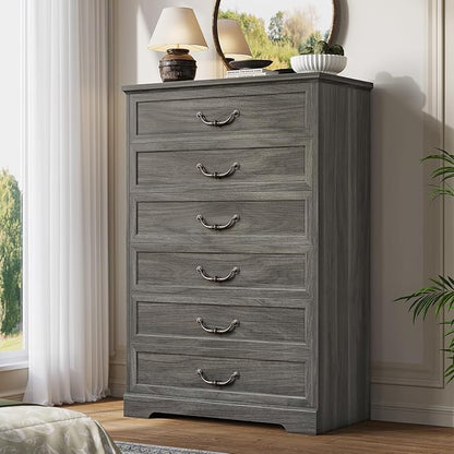 DICTAC Farmhouse 6 Drawers Dresser for Bedroom, 48.2" Tall Dressers Chest of Drawer, Large Storage Closet Organizer with Natural Texture and Vintage Metal Handle, Wooden Vertical Dresser for Hallway
