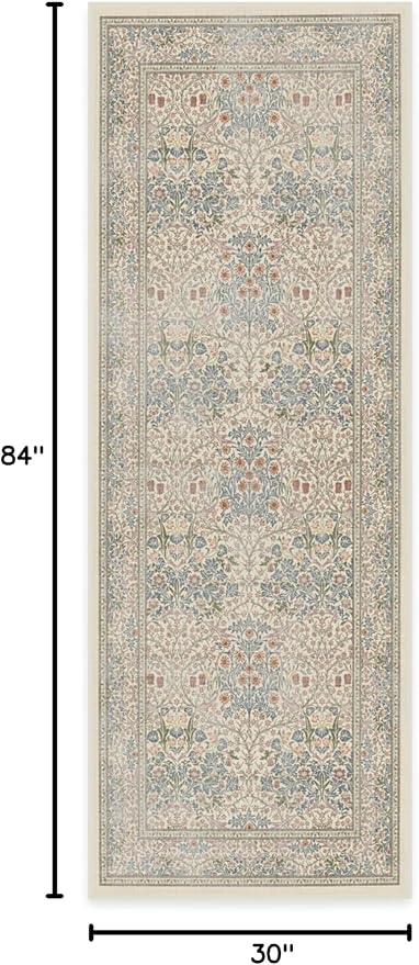 RUGGABLE x Morris & Co Machine Washable Runner Rug – Blackthorn Ivory Blue 2.5x7, Stain-Resistant, Non-Slip – Washable Rug for Hallway, Entryway, Living Room & Kitchen–with Standard Pad