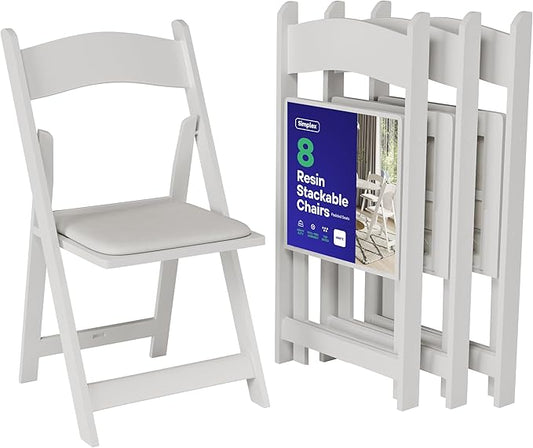 SIMPLEX 8 White Folding Chairs – Resin Stackable Foldable Chairs with Padded Seats – Comfortable White Folding Chairs for Indoor/Outdoor Events – Lightweight Resin Chairs (8 Pack)