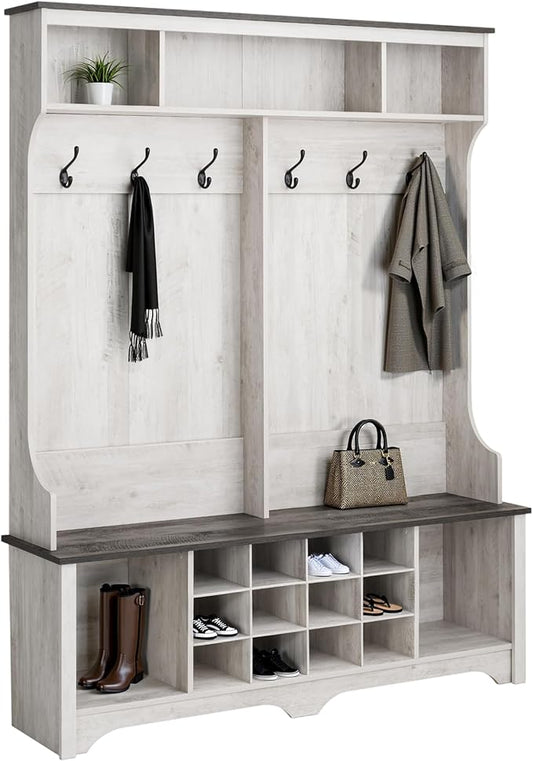 Prepac Farmhouse Washed White Hall Tree, Shoe Cabinet, Storage Cabinet with 12 Shoe Cubbies, 2 Boot Cubbies and 6 Double Coat Hooks 15.5" D x 60" W x 77" H