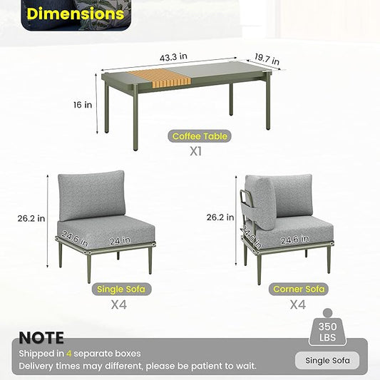 Sundale Outdoor 9 Pieces Patio Furniture Set, U-Shaped Outdoor Sectional Sofa with 6 Inch Olefin Cushion and Coffee Table, Modern Metal Outdoor Conversation Sets (8 Seats,Green Frame)