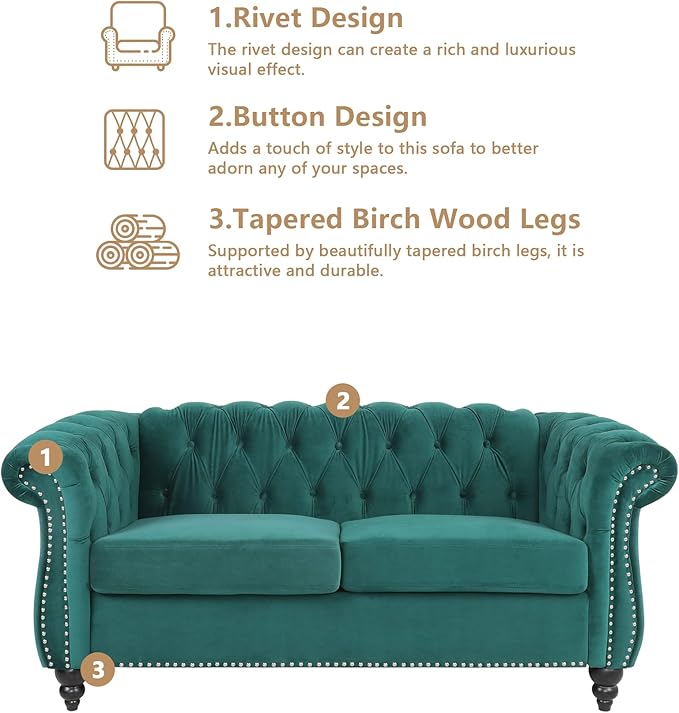 Chesterfield Loveseat Sofa, Modern Velvet Small Sofa Couch 2 Seater with Rolled Arms and Nailhead, Mid Century Modern Loveseat Couch for Small Spaces Living Room Bedroom Apartment, Green