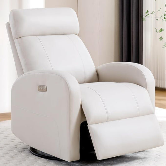 Power Swivel Rocker Recliner, Faux Leather Rocking Recliner Chair with USB Port, Swivel Glider Reclining Chair Nursery Recliners for Living Room, Beige