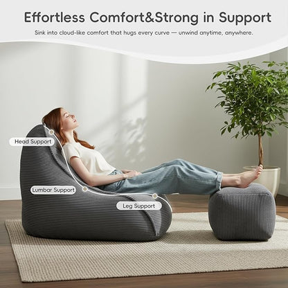 Cloud Bean Bag Chair with Ottoman for Adults, Comfy Corduroy Chaise Lounge Chair with High-Resilience Foam, Oversized Boneless Reading Chair for Bedroom & Living Room (Grey)